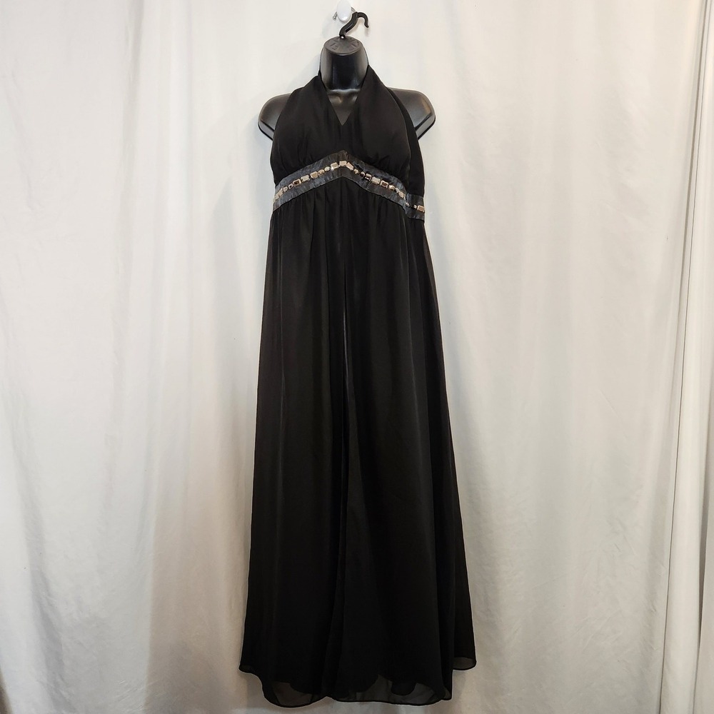 LANE BRYANT Halter Maxi Gown Womens 16 Black Embellished Chiffon Evening Formal